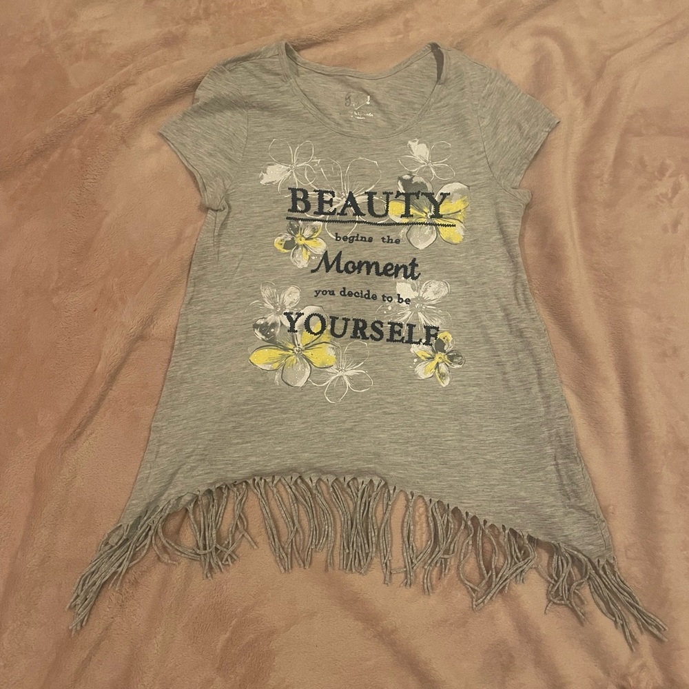 Justice floral fringe positive message t-Shirt casual green and grey
